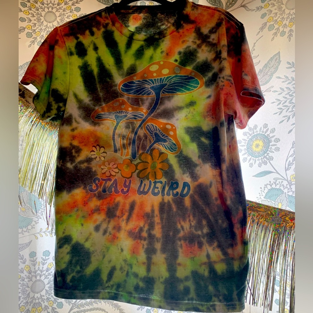 STAY WEIRD 🍄 hand tie dyed, upcycled vintage mushroom tshirt.